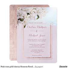 Pink Rose Gold Cherry Blossom Floral Wedding Invitation Pink Wedding Invitations Blush Pink Wedding Invitations Cherry Blossom Wedding Theme
