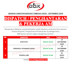 2.8k likes · 18 talking about this. Senarai Permohonan Terbuka Dispatch Penghantaran Pekerja Am Di Abx Express Ogos September 2019
