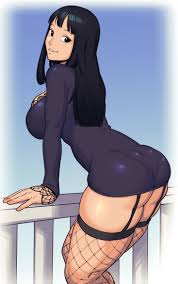 dyun, nico robin, nico robin (thriller bark), one piece, highres, 1girl,  against railing, ass, black dress, black eyes, black hair, breasts, dress,  fishnet thighhighs, fishnets, garter straps, large breasts, leaning  forward, long