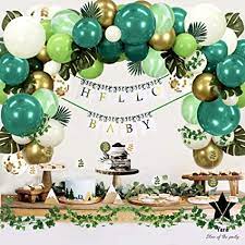 Amazon Com Yara Woodland Baby Shower Decorations Jungle Theme Safari Green Balloon Garland Arch Kit For Boy Or Girl With Palm Leaves Ivy Vines Hello Baby Banner Cake Or Cupcake Toppers