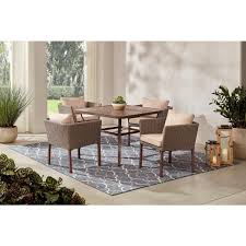 Hampton Bay Oakshire 5 Piece Wicker Outdoor Patio Dining Set With Tan Cushions Dq631l Tq631o The Home Depot Outdoor Dining Set Patio Dining Set Wicker Dining Chairs