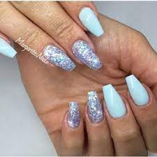 Sky Blue Coffin Nails With Light Blue Glitter Naglar Smink In 2021 Blue Glitter Nails Blue Coffin Nails Sky Blue Nails