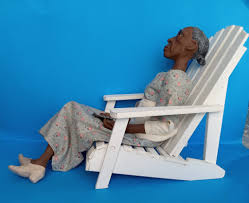 OMA Green is out relaxing. Deep in thought. Signed by Pat Weeks. I love the  earlier dolls. I gave her a miniature pewter frame with Ezra photo inside.  The Adirondack chair is