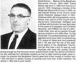 David Schulz married minister the born Ordained Bergthaler Mennonite Bishop  Jacob Hoeppner while still Schulz took control Church strong hand.  Charismatic, intelligent shrewd administrator he was cause and Christian  education, the nonite