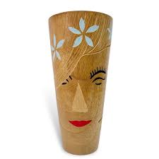 Modern Abstract Carved Hand Painted Wood Vase Woman Red Lips Floral Face 12”