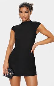 Black High Neck Ribbed Bodycon Dress In 2020 Bodycon Dress Dresses Fashion