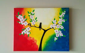 Love Birds And Cat Painting Love Birds On Cherry Tree Beautiful Birds And Tree Painting Bird Painti Colorful Art Painting Cat Painting