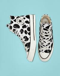 Black And White Cow Print Heels Animal Print Chuck 70 Unisex High Top Shoe Converse Com In 2020 Shoes Cute Shoes Converse