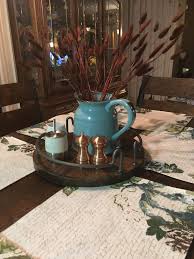 Rustic Dining Table Centerpiece With Copper Salt Pepper Grinders Teal Milk Pitcher Cream Sugar Hold Dining Table Centerpiece Dining Table Rustic Dining Table