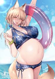 yukibuster z, original, highres, 1girl, animal ears, arm up, beach, bikini,  blonde hair, blush, breasts, cleavage, closed eyes, fox ears, fox girl, fox  tail, innertube, large breasts, linea nigra, mature female, navel,