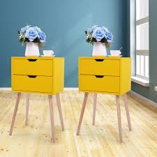 Vacuum with a soft bristled brush. Jaxpety Set Of 2 Mid Century Modern Nightstand Bedside Table Sofa End Table Bedroom Decor 2 Drawers Storage With Solid Wood Legs Yellow Walmart Com Walmart Com