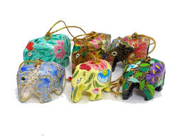 Don't get your tinsel in a tangle! 3 X Kashmiri Papier Mache Hanging Elephants Christmas Tree Decorations Ferailles
