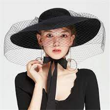 Plain Black Wide Brim Floppy Hat With Veil Tie For Women British Style Wool Felt Hats Hat With Veil Tie For Women Black Floppy Hat