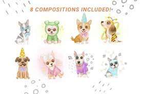 Клипарт собака на прозрачном фоне png. Watercolor Dogs Cliparts Dogs In Cute Clothes Love Dogs Cliparts Cute Animals Kids Clipart Dog In Illustrations On Yellow Images Creative Store