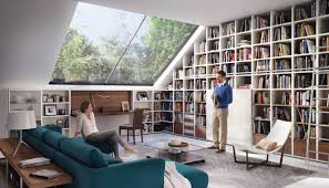 Bersanding dengan kursi panjang, desain rak buku cantik ini mengambil garis diagonal yang simpel tapi efektif. Cara Sederhana Membuat Perpustakaan Pribadi Untuk Keluarga Dunia Perpustakaan