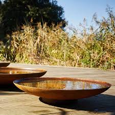 Stunning solar powered, stainless steel, ceramic & stone water features and garden fountains. Large Curved Water Bowl Corten Steel Harrod Horticultural