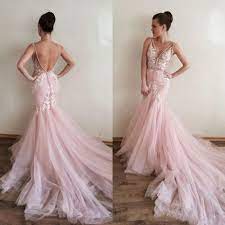 V Neck Sleeveless Formal Gown Pink Open Back Mermaid Prom Dress With Lace Appliques Sold By Pu In 2020 Bridal Gown Tulle Blush Pink Wedding Dress Pink Wedding Dresses