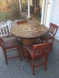 This Is My Latest Whiskey Barrel Table I Ve Put Together It S A 53 Gallon Jim Beam Whiskey Barrel Stained In Cher Pub Table And Stools Pub Chairs Barrel Table