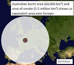 Area Of Land Burnt In Australia And Area Of Smoke Coverage Shown As Equivalent Area Over Europe Oc Dataisbeautiful