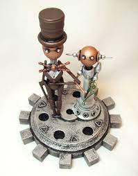 Elegant Wedding Cake Topper Steampunk Gear Base Robot Couple Groom Bride Wood Sculpture Elegant Wedding Cake Toppers Wedding Cake Toppers Elegant Wedding Cakes