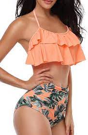 Amazon Com Heat Move Women Retro Flounce High Waisted Bikini Halter Neck Two Piece Swimsuit Orange Mom Bathing Suits Swimsuits High Waisted Bikini Swimsuits