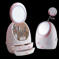 Cosmetic Storage Box With Lamp And Mirror Hd Led Mirror Makeup Organizer Usb Charging Dust Proof Lipstick Jewelry Storage Drawer Storage Boxes Bins Aliexpress This mirrored furniture is modern and clean in design.