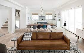 Bright Interiors Mid Century Leather Sofa Modern Farmhouse With Bright Interiors Open Plan Kitchen Living Room Farmhouse Kitchen Design Farmhouse Dining Room