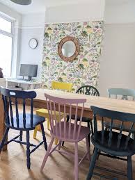 Painted Chairs And Floral Wallpaper Painted Chairs Dining Room Colorful Dining Room Chairs Dining Room Colors