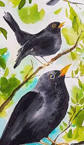 Black Birds In Painting Blackbirds Original Watercolor Painting Singing Birds Nursery Decor Rural Wall Art For Kid Bird Nursery Decor Original Watercolor Painting Original Watercolors