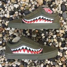 Vintage Wavez Vans Harktooth Olive Green Custom Vans Sock Shoes Custom Shoes