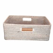 Maybe you would like to learn more about one of these? White Handwoven Rattan Rectangular Basket With Handles Baker Rhodes