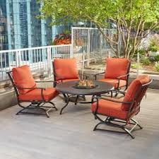 Hampton Bay Redwood Valley 5 Piece Metal Patio Fire Pit Seating Set With Quarry Red Cushions Fss60428rst The Home Depot Fire Pit Furniture Fire Pit Sets Patio Seating Sets