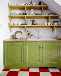 Out of 559,869 kitchens we analyzed, 62.63% had hardwood flooring. Bridie Hall London Townhouse Kitchen Checkerboard Floors Red White Linoleum Green Cabinetry Open Shelves Butcher Block Countertops Katie Considers