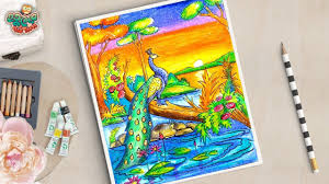 Peacock Scenery Drawing How To Draw A Peacock Scenery Step By Step Peacock Drawing Art Drawings For Kids Oil Pastel Colours