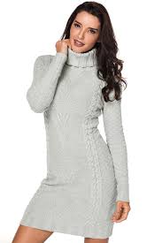 Withchic Grey Stylish Pattern Knit Turtleneck Sweater Dress Long Sleeve Knit Dress Sweater Dress Women Stylish Sweaters