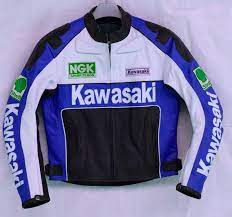 New Men S Kawasaki Blue White Safety Leather Jacket Handmadeleatherjacket Leathersplanet Kawasakileatherj Leather Jacket Black Leather Jacket Men Jackets