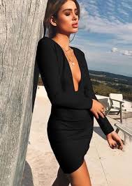 Nadafair Deep V Neck Backless Skinny Bodycon Dresses Women Long Sleeve Mini Party Club Autumn Winter Dr Womens Dresses Leather Dress Women Skinny Bodycon Dress