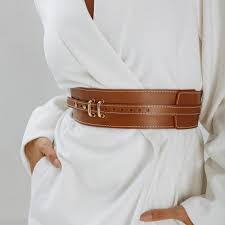 Leather Wide Waist Belt – High Waist Belt for Dresses | BrunetkaHarness M / Light Brown / Gold