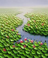 Whatever is light on dry land will be darker in the water. Palette Knife Oil Painting Water Lily Painting By Enxu Zhou
