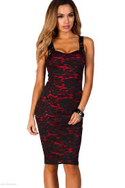 Red Knee Length Sleeveless Cocktail Dress With Black Lace Overlay Cocktail Dress Lace Dresses Casual Fall Black Short Dress