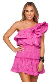 Buddylove Sofia One Shoulder Ruffled Cocktail Dress Constellation Xs Pink Dresses Star Dress Printed Mini Dress