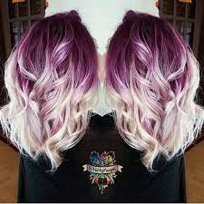 Add a few drops of lavender and sage oils to the mixture for an extra strengthening effect. Casual Curly Medium Hairstyles Plum Purple Hair Color Base With Billowy White Blonde Hair Popular Haircuts
