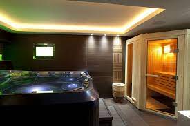 Thinking of installing an indoor hot tub? Modern Bathroom Lighting Ideas Indoor Hot Tub Hot Tub Room Hot Tubs Saunas