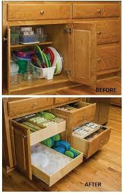 Clear food containers are great for small spaces because they let you visually identify your dry goods quickly and easily, without having to rummage through small cabinets. Remodelaholic Convenient And Space Saving Cabinet Organizing Ideas