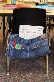 how to make easy school chair storage bags from old jeans old jeans chair storage classroom storage