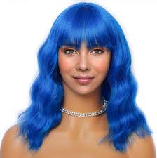 Blue Wig Short Bob Wigs with Bangs for Women Loose Wavy Hair Shoulder  Length Blue Wig Synthetic Colorful Wigs for Cosplay Daily  PartyUse(Blue,12inch)