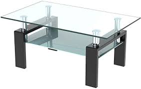 Square & rectangle coffee table styles in large & small sizes. Amazon Com Linkromat Rectangle Glass Coffee Table Center Table With Lower Shelf Wooden Legs Suit For Living Room Black Office Products