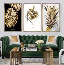 Golden Monstera Leaf Nordic Wall Art Tropical Botany Pineapple Luxury Wall Art Decor Nordicwallar Wall Art Living Room Gold Living Room Decor Living Room Art