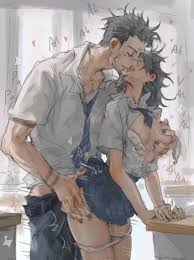 woshihedawei, fushiguro megumi, ryoumen sukuna (jujutsu kaisen), jujutsu  kaisen, absurdres, highres, 1boy, 1girl, after kiss, against desk, against  furniture, arm support, black hair, black nails, blue skirt, blush, bra,  breasts, closed eyes,