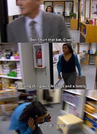 Hahahaha This Is The Episode Meredith Gets The Bat Stuck On Her Head With A Bag Office Memes The Office Show Office Jokes
